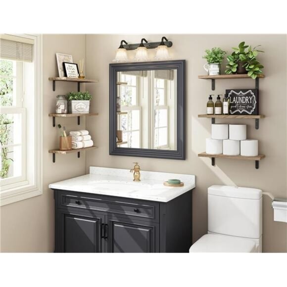 Wood Floating Shelves - Set of 6, Rustic Brown - Wall Mounted, Farmhouse Shelf - Picture 2 of 7